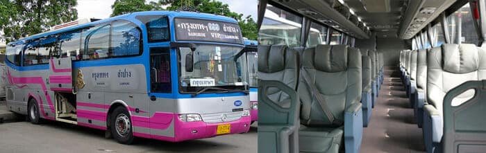 Vista exterior e interior de un lujoso autobús VIP en Tailandia, con asientos 2+1 por fila para un espacio ampliado para los pasajeros.
